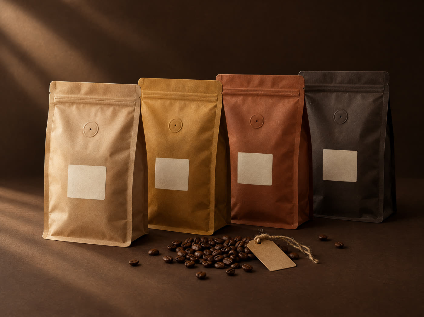 Vier kleine Kaffeetüten in Beige, Gold, Terrakotta und Espressobraun nebeneinander