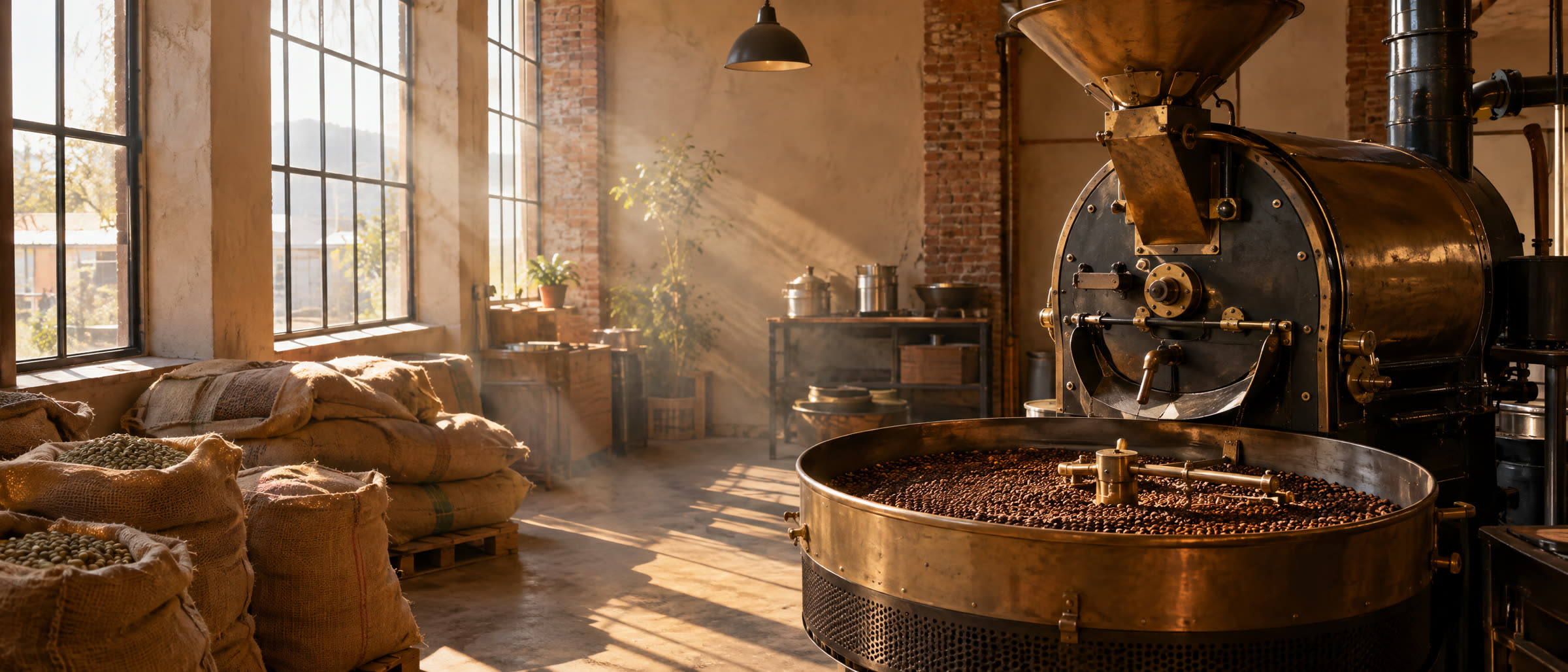 Die Rösterei: Trommelröster mit Kühlsieb, Säcke mit Rohkaffee, Nachmittagslicht